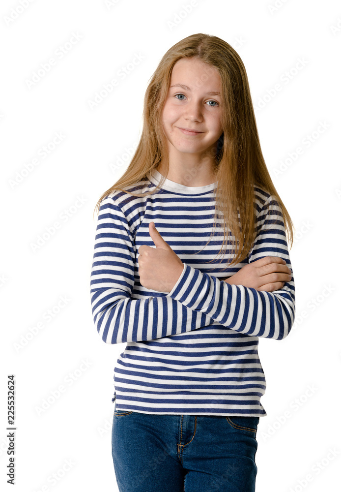 Young teen girl on white background showing thumbs up Young teen girl on white background showing thumbs up
