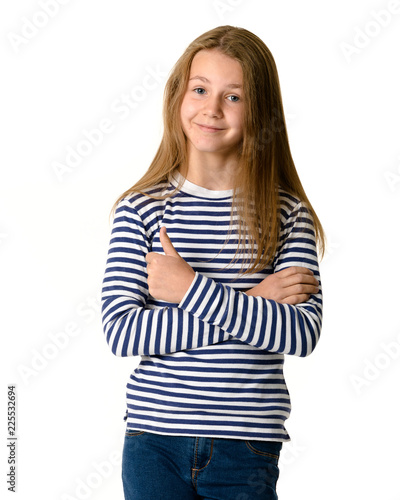 Young teen girl on white background showing thumbs up