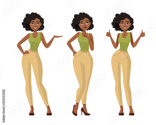 Set of young black woman in casual clothes in different poses with a variety of emotions. A character for your project. Vector illustration in a flat style.