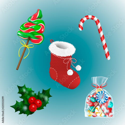 Christmas holiday decor set with red sock and traditional gifts. Candies. Sweets Lollipop, Candy Cane, Fir-tree. Vector realistic illistration isolaten on blue background.