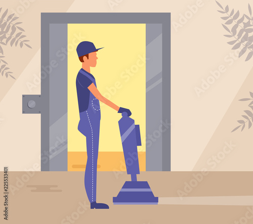 Carpet cleaning Vector. Cartoon. Isolated art Man Work