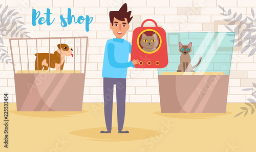 Pet shop Vector. Cartoon. Isolated art. Flat Cat show Man