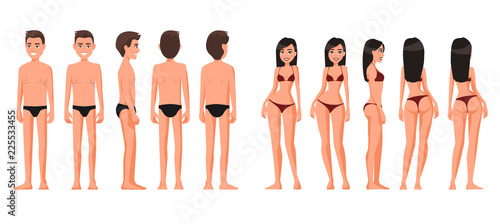 Vector illustration of woman  and man in underwear.Vector cartoon realistic people illustration. Flat young people. Front view , Side view, Back side view , Isometric view. Slim girl. Thin guy.