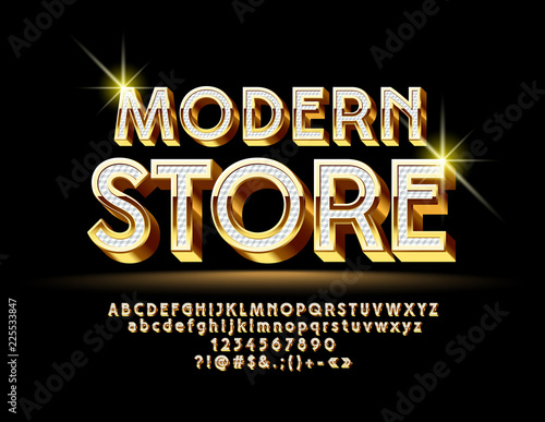 Vector Golden and White bright Font with emblem Modern Store. 3D luxury Alphabet Letters set