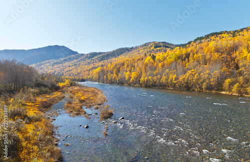 Siberian river Utulik, flowing into Lake Baikal on a sunny autumn day