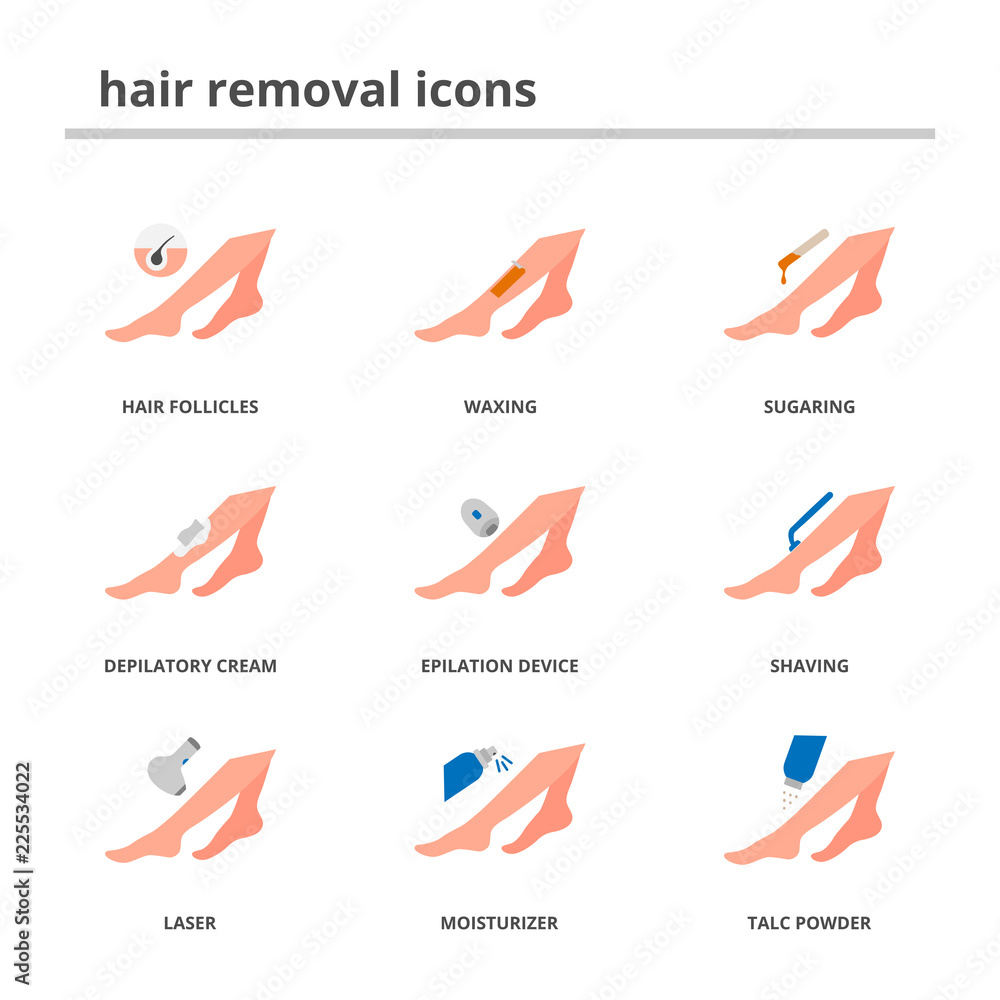 Hair removal icons set flat style