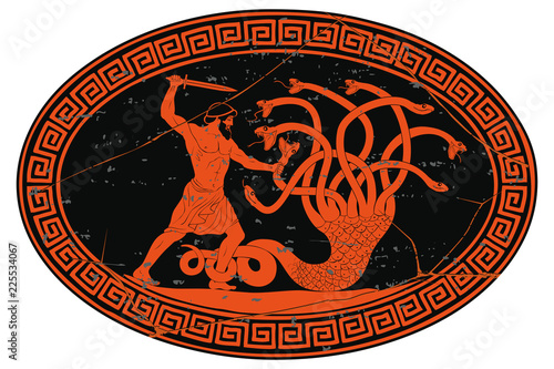 Hercules kills the Lyrna Hydra. 12 exploits of Hercules. Oval medallion isolated on a white background. photo