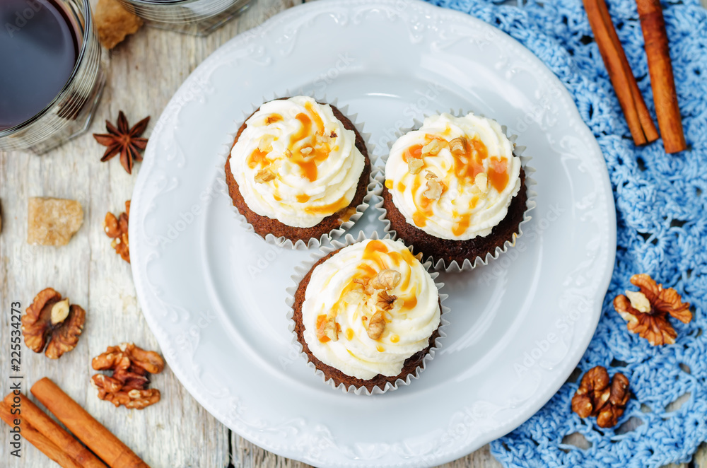 pumpkin pie spices walnuts banana cupcakes with salted caramel and cream cheese frosting pumpkin pie spices walnuts banana cupcakes with salted caramel and cream cheese frosting