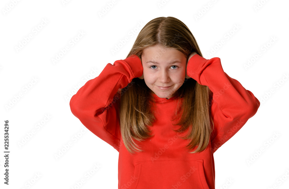 Young teen girl on white background, covering ears Young teen girl on white background, covering ears
