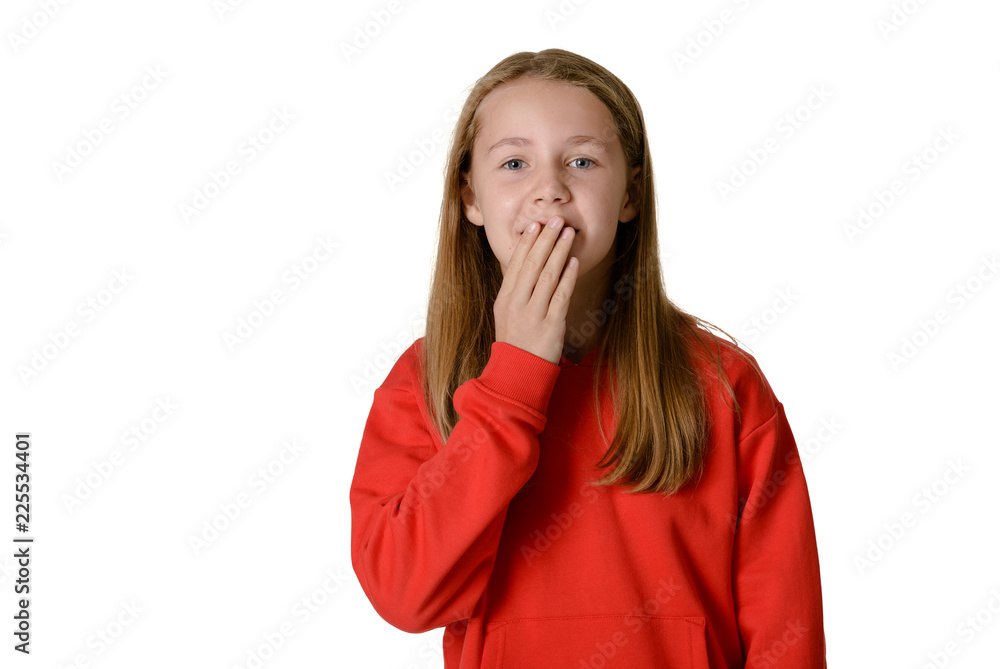 Young teen girl on white background, suprised with hand in front of mouth Young teen girl on white background, suprised with hand in front of mouth