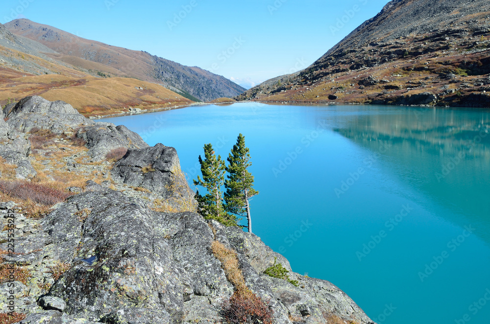 Russia, Altai mountains, lake Acchan (Akchan) in september in sunny weather