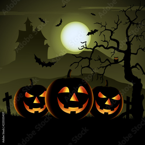 Ghostly Halloween poster with pumpkins and mysterious castle