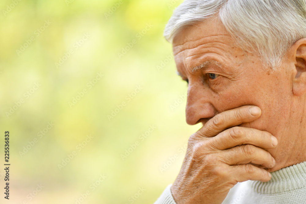 Portrait of elderly man in park on green background Portrait of elderly man in park on green background