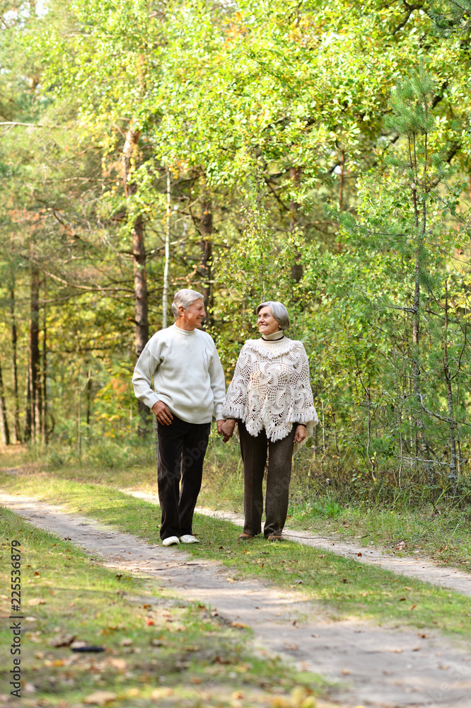 Portrait of old couple walking in autumn forest Portrait of old couple walking in autumn forest