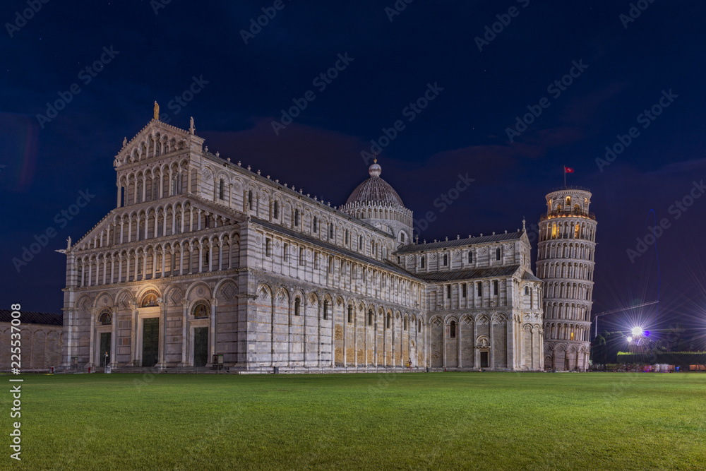 Pisa tower, baptistery and cathedral at night.