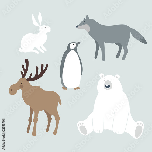 Set of wild winter animals and bird. Cute polar bear, moose, wolf, hare, rabbit and penguin. Christmas nordic design. Vector illustrations, isolated graphic objects. © tabitazn