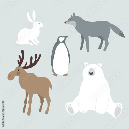 Set of wild winter animals and bird. Cute polar bear, moose, wolf, hare, rabbit and penguin. Christmas nordic design. Vector illustrations, isolated graphic objects.