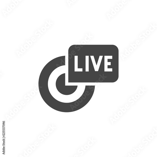 Live broadcast black flat icon. Reportage, stream, webcast concept symbol. Online tv, radio channel emblem. Glyph label. Camera sgin and inscription in bubble. Vector illustration isolated on white
