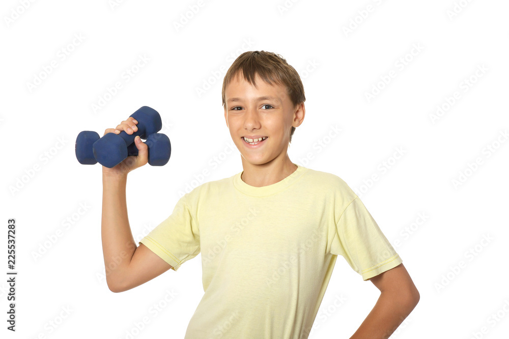 Portrait of young boy doing exercises with dumbbells isolated on white background Portrait of young boy doing exercises with dumbbells isolated on white background