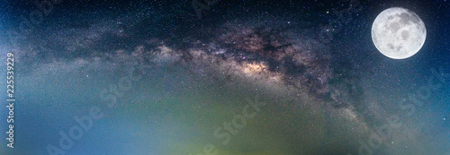 Fototapeta Naklejka Na Ścianę i Meble -  Landscape with Milky way galaxy. Night sky with stars and the full moon. (Elements of this moon image furnished by NASA)