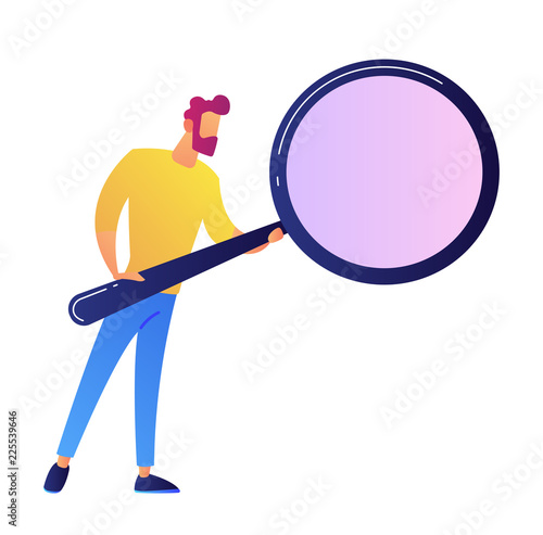 IT specialist holding hude magnifying glass. Analysis and statistics, data research and SEO optimization, search technologyand investigation concept. Isolated on white background.