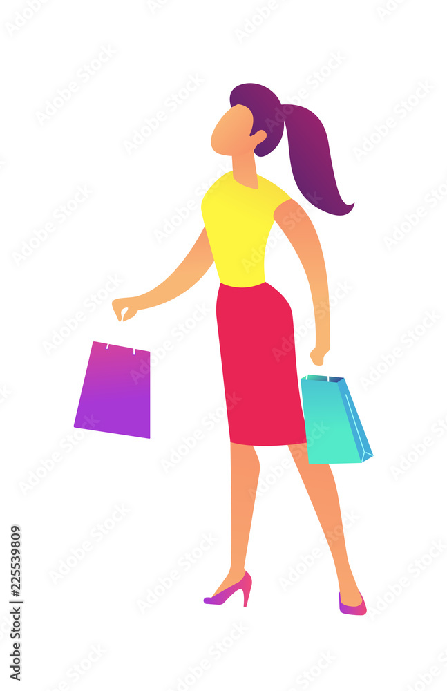 Female buyer with shopping bags vector illustration. Retail shopping and online customer, store big sales and discounts, shopaholic and purchase gifts concept. Isolated on white background. Female buyer with shopping bags vector illustration. Retail shopping and online customer, store big sales and discounts, shopaholic and purchase gifts concept. Isolated on white background.