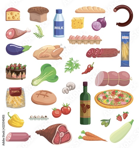 set of varied food items on white background
