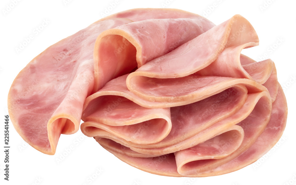 Sliced ham on white background. Pork ham sliced on white background Sliced ham on white background. Pork ham sliced on white background