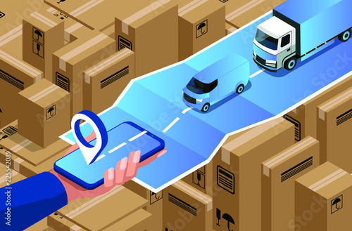 Delivery service app with map and boxes background. Isometric flat style vector illustration, 3d