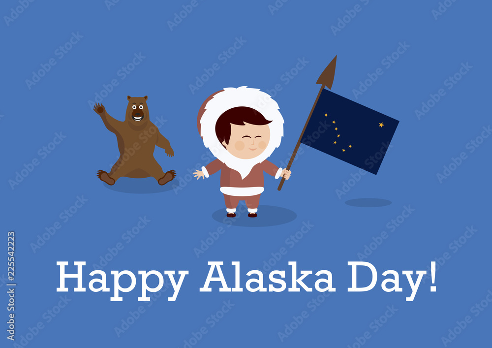 Happy Alaska Day vector. Inuit, Alaskan flag and the bear vector