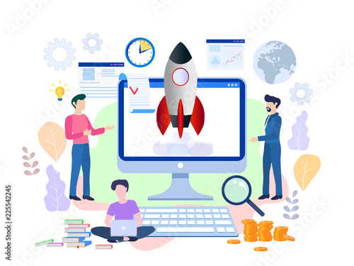 Business Start Up Concept for web page, banner, presentation, social media. Vector illustration, business project startup process, idea through planning and strategy, time management, realization