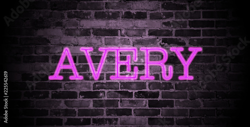 first name Avery in pink neon on brick wall