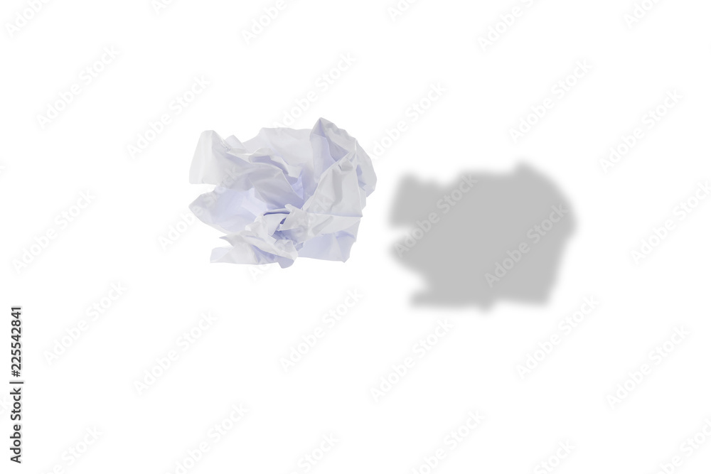 White crumpled paper with shadow on white background