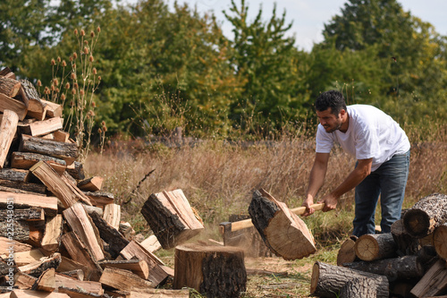Lumberjack chopping wood for winter, Young man chopping woods with an axe © Ivan