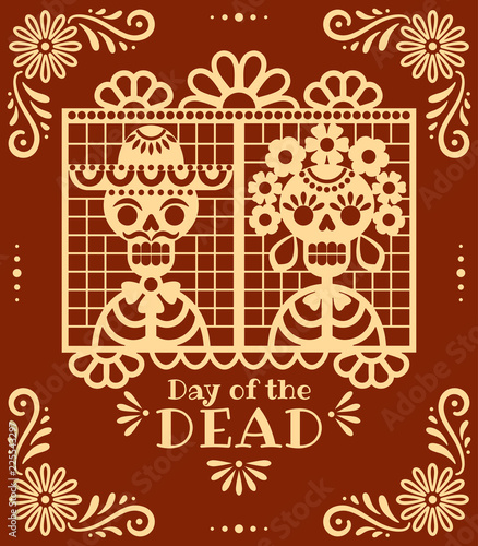 Day of the Dead papel picado. Vector illustration with traditional Mexican red and white paper cuttings of skeletons and flowers. Isolated on background.