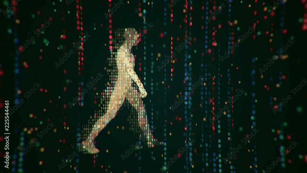Abstract background with animation flickering binary digits and earth symbol walking human from binary digits. Animation of seamless loop. Abstract background with animation flickering binary digits and earth symbol walking human from binary digits. Animation of seamless loop.