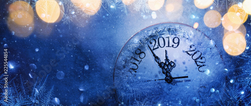 Happy New Years 2019. Winter Celebration With Dial Clock On Snow And Light