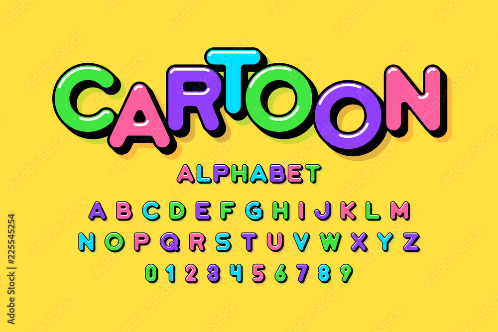 Colorful cartoon style font design, alphabet letters and numbers Stock ...