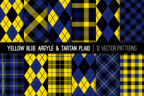 Yellow, Black and Blue Tartan Plaid and Argyle Vector Patterns. Trendy 90s Style Fashion Textile Prints. Classic Scottish Checkered Fabric Textures. Pattern Tile Swatches Included. photo