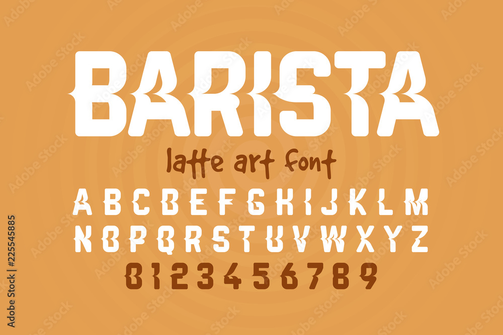 Latte art font design, milk coffee foam art alphabet letters and