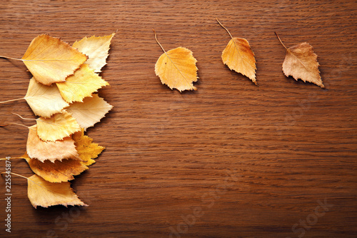 Composition of yellow autumn leaves on wooden background