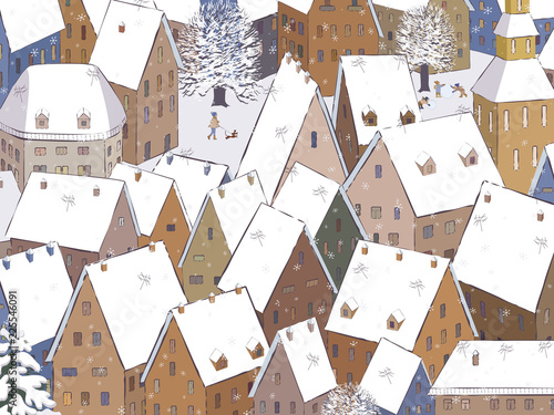 Vector illustration winter urban landscape with houses roofs under the snow in a smal town and playing children
