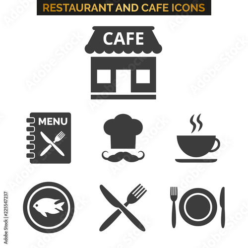 Restaurant and cafe icons set on white background.