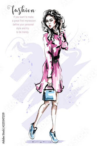 Hand drawn beautiful young woman in pink dress. Stylish elegant girl with bag. Fashion woman outfit. Sketch.
