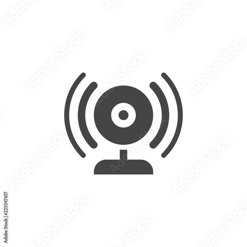 Broadcasting via webcam black flat icon. Web camera and sound waves label. Blogging, vlogging, streamng, online translation concept pictogram. Web button. Vector illustration isolated on white
