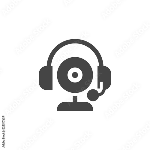 Camera and headset with microphone icon. Headset for online communication via webcam flat label. Consultation, hotline, operator concept pictogram. Vector illustration isolated on white