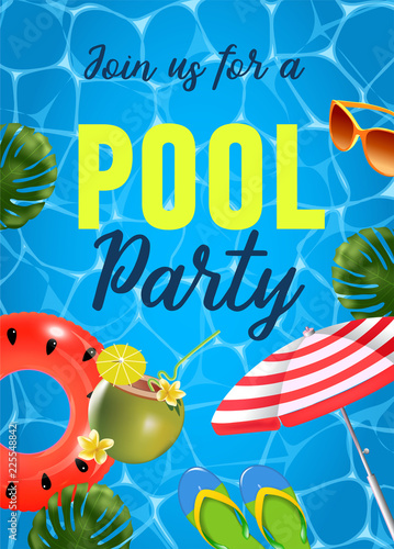 Pool party invitation vector illustration. Top view of swimming pool with pool floats.