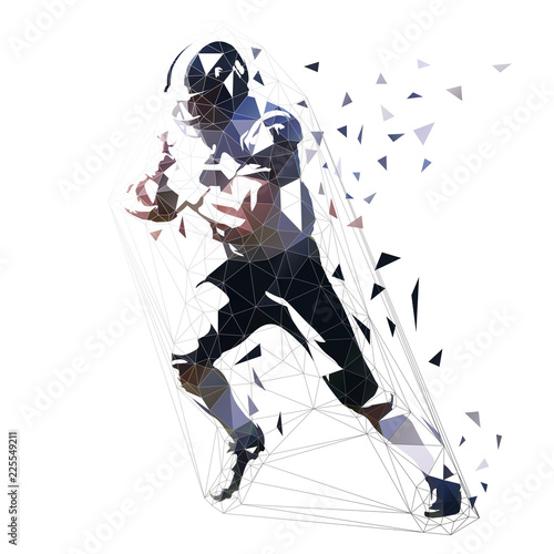 American football player, low polygonal isolated vector illustration. Side view. Running quarterback with ball, geometric athlete