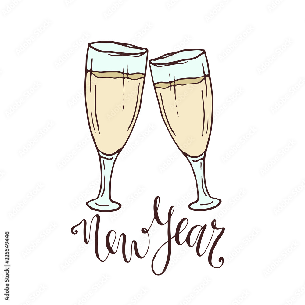 Champagne glasses vector. New year greeting card. Hand drawn illustration. Sticker print design Champagne glasses vector. New year greeting card. Hand drawn illustration. Sticker print design