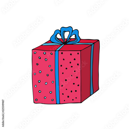 Christmas present box. Sticker for New Year holiday design. Vector icon. Hand drawn illustration. .